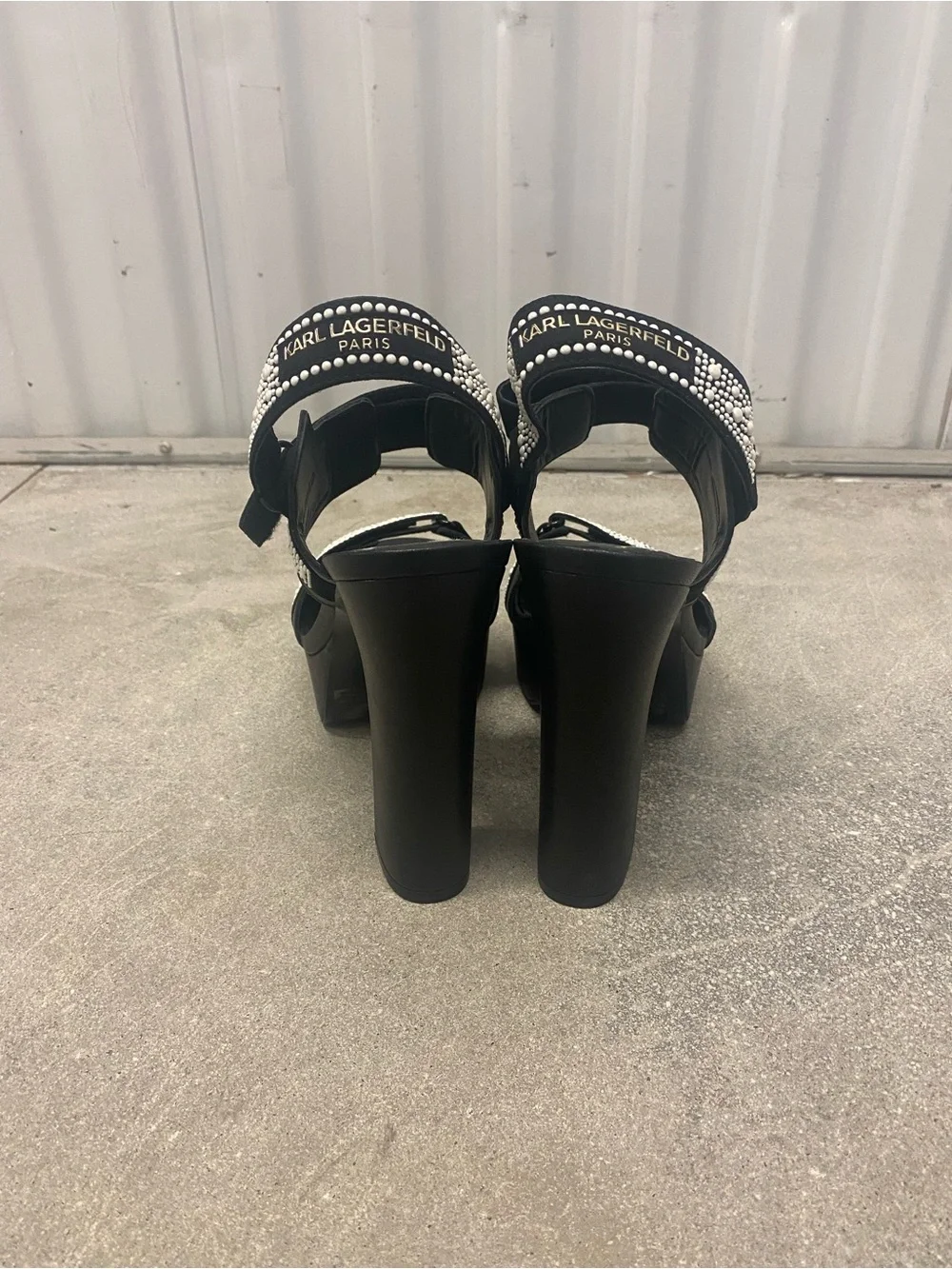 NEW Karl Lagerfeld Black Embellished Platform Heels with Studded Pearl, Size 9